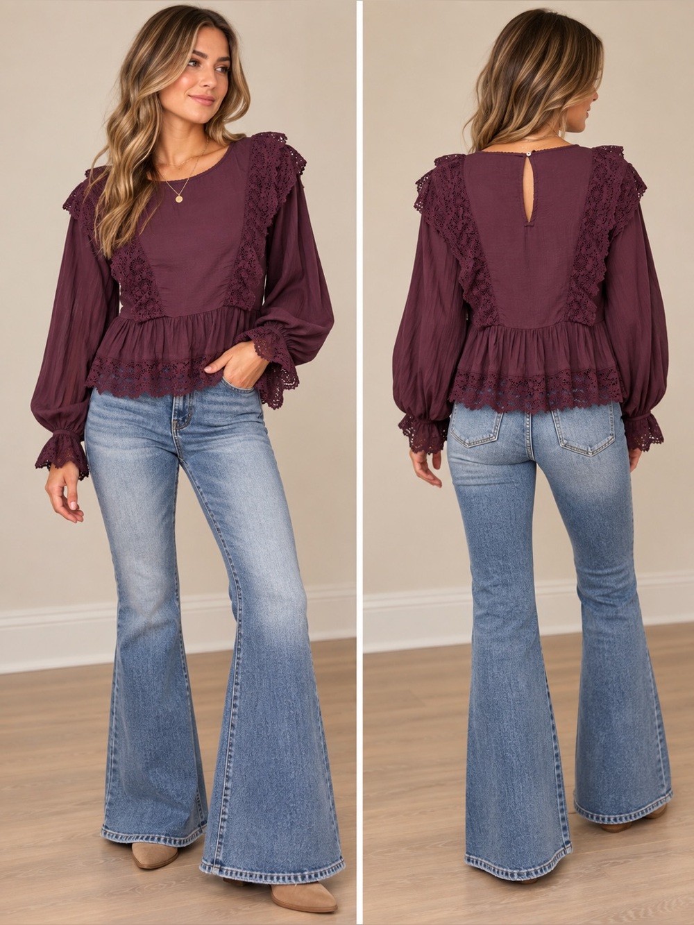 Free People Deep Plum Lace Peasant Top